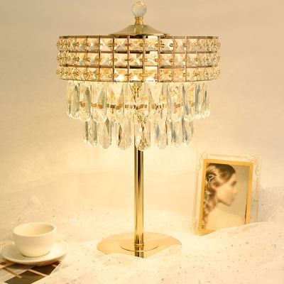 Tiered Bedside Nightstand Lamp Vintage Crystal Prism Gold Finish LED Table Light