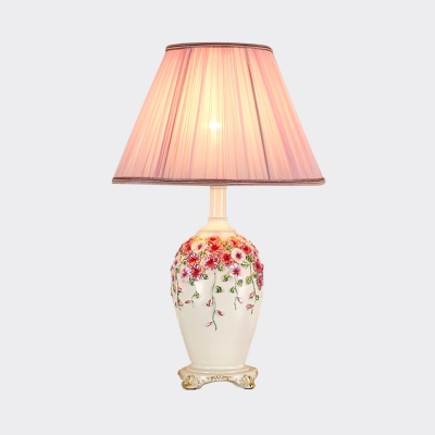 Vase Resin Table Light Classic Style 1-Bulb Bedroom Nightstand Lamp with Conic Beige/Pink Fabric Shade