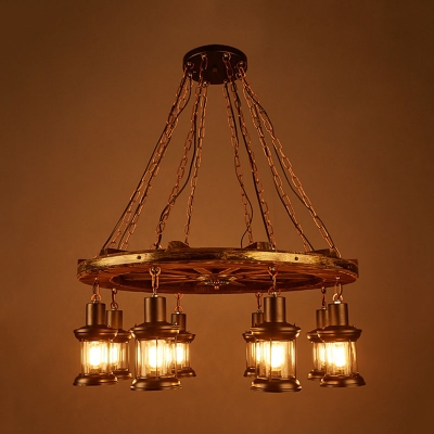 Wheel Restaurant Chandelier Lamp Farm Wood 8-Light Black Pendant Light Fixture with Lantern Clear Glass Shade