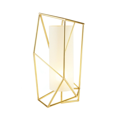 White Fabric Cylinder Table Light Modernist 1-Light Gold Night Lamp with Geometric Cage