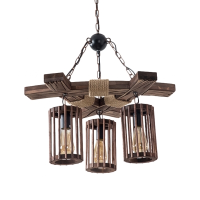 Wood Brown Hanging Lamp Kit Cylinder 3/6-Light Industrial Chandelier Pendant Light with Branch Beam