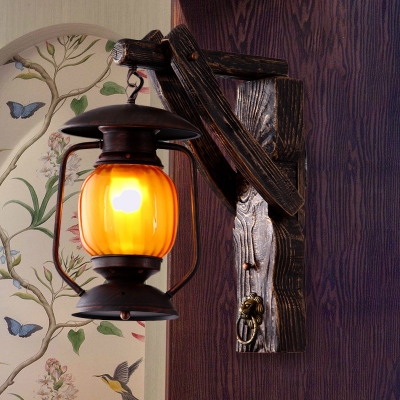 Yellow Glass Black Wall Hanging Light Lantern 1-Light Warehouse Sconce Lamp with Wood Backplate