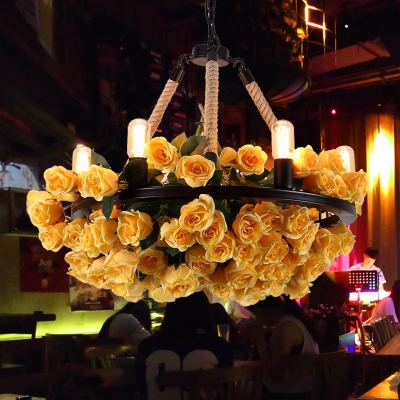 Yellow Rose Chandelier Pendant Lodge Metal 6 Heads Bistro Ceiling Hanging Light with Open Bulb Design