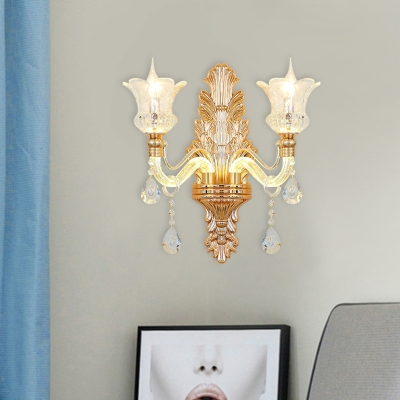 1/2-Bulb Wall Mount Light Traditional Curved Arm Beveled Glass Crystal Sconce Lamp in Gold