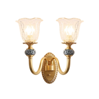 1/2-Head Wall Sconce Light Traditional Floral Textured Glass Wall Mount Lamp with Brass Undulated Arm