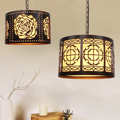 1 Bulb Drum Ceiling Pendant Light Industrial Bronze Finish Metal Pendulum Lamp with Rose/Square Pattern