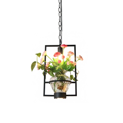 1-Bulb Round/Rectangle Cage Pendant Industrial Black Iron Hanging Light Fixture with Clear Glass Vase
