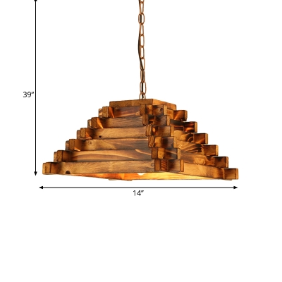 1 Head Drop Pendant Traditional Living Room Hanging Lamp with Trapezoid/Etched Rectangle Wood Shade in Brown