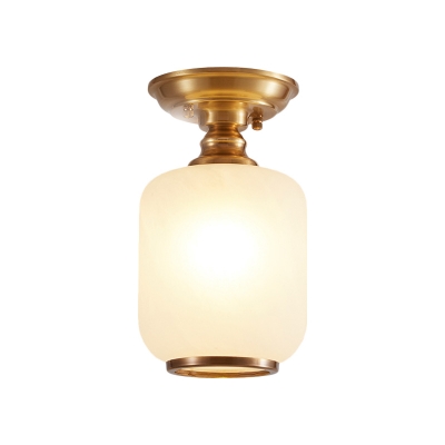 1 Head Milk Glass Semi Flush Light Vintage Brass Cylinder Passage Ceiling Mounted Lamp