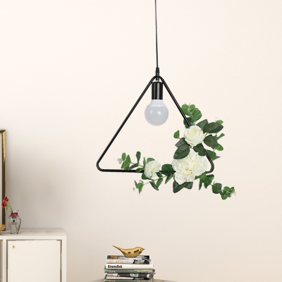 1 Light Flower Drop Pendant Countryside Round/Triangle/Square Frame Iron Hanging Lamp Kit in Black