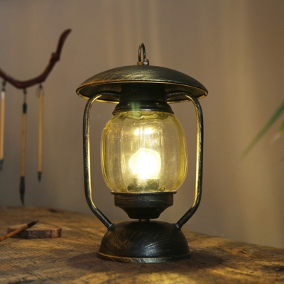1 Light Tan Glass Desk Lamp Factory Style Brass/Copper Lantern Shade Bedroom Table Lighting