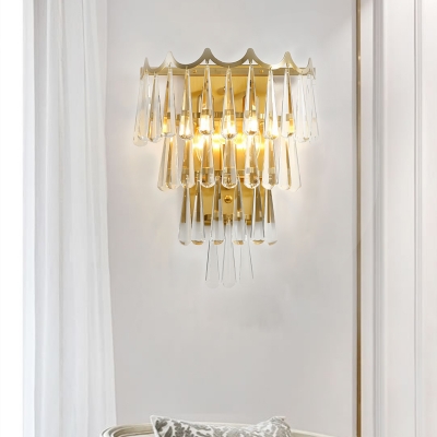 2 Bulbs Crystal Teardrop Flush Mount Retro Gold 4-Tier Parlor Wall Mount Lighting Fixture