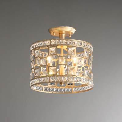 3/4 Lights Laser-Cut Drum Semi Mount Lighting Modern Gold Finish Beveled Crystal Close to Ceiling Lamp