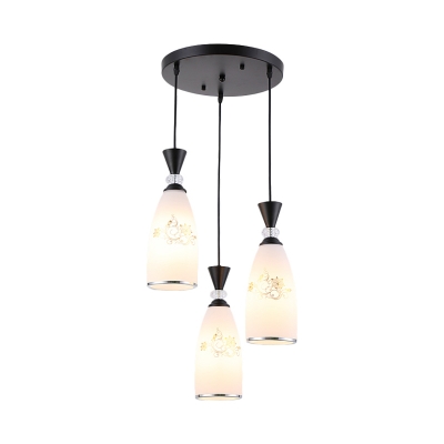 3-Head Bottle Cluster Pendant Light Country Style White Glass Petal Pattern Ceiling Hang Fixture with Black/Gold Round Canopy