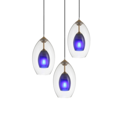 3 Heads Coffee House Cluster Pendant Modern White Ceiling Hang Fixture with Dual Oval Clear and Blue Glass Shade