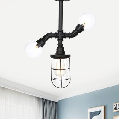 3-Light Semi Flush Mount Lighting Industrial Cage and Orb/Capsule Clear Glass Flush Ceiling Lamp in Black