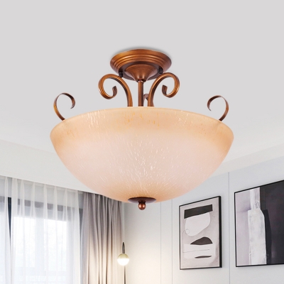 3 Lights Bowl/Bell Semi Flush Light Country Beige Glass Close to Ceiling Lamp with Metal Swirl Arm