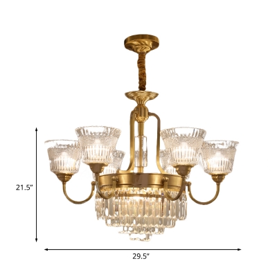 6/8 Bulbs Suspension Light Traditional Bell Clear Glass Crystal Up Pendant Chandelier in Brass