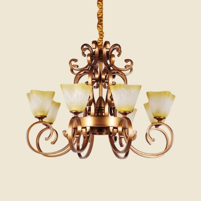 6/9 Lights Beige Glass Chandelier Traditional Brass Trapezoid Brass Living Room Pendant Light with Metal Curved Arm