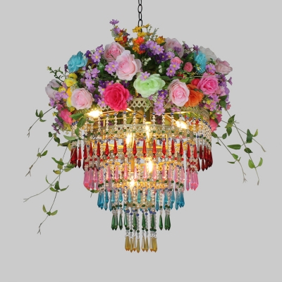8 Lights Chandelier Lamp Retro Restaurant Pendant with Tiered Multicolored Crystal Shade in Gold
