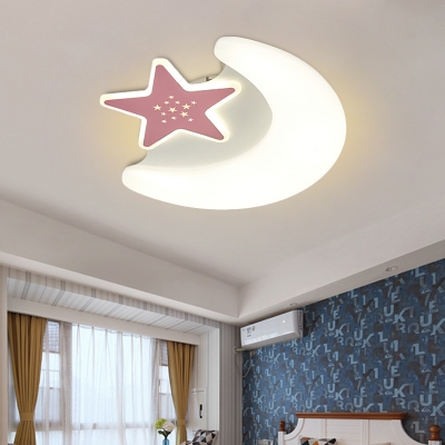 Acrylic Moon and Star Flush Mount Lighting Fixture Minimalistic LED Pink/Blue Ceiling Lamp for Children Bedroom