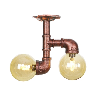Amber Glass Spherical LED Semi Flush Vintage 2-Bulb Coffee House Flushmount Lighting in Copper
