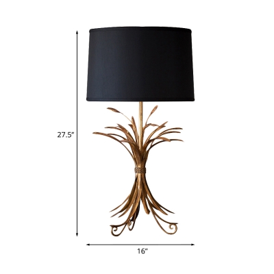 Antiqued Brass Wheat Bunch Table Lamp Farm Fabric Single Family Room Nightstand Light with Black Drum Lampshade