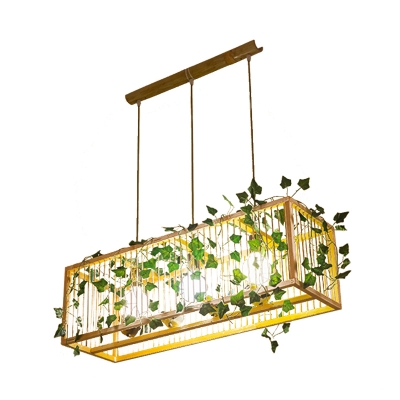 Bamboo Cuboid Cage Island Pendant Rustic 3 Heads Dining Room Ceiling Hanging Light with Artificial Vine in Red/Green
