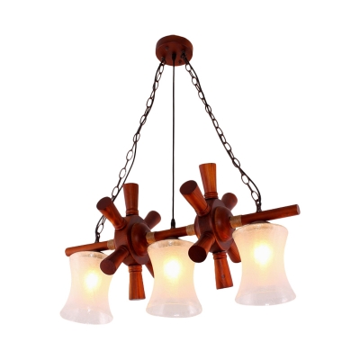 Bell Dining Room Hanging Island Light Traditional Cream Water Glass 3-Head Brown Hanging Lamp Kit with Wood Wheel Deco