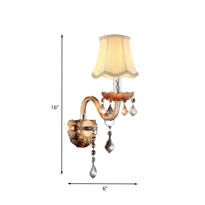 Bell Fabric Wall Light Fixture Traditional 1 Head Bedroom Wall Sconce Lighting in Beige with Crystal Droplets