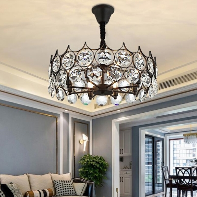 Black Drum Shaped Pendant Chandelier Traditional Faceted Crystal 6 Bulbs Living Room Ceiling Light