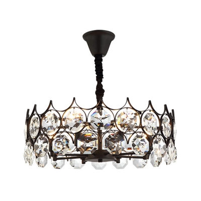 Black Drum Shaped Pendant Chandelier Traditional Faceted Crystal 6 Bulbs Living Room Ceiling Light