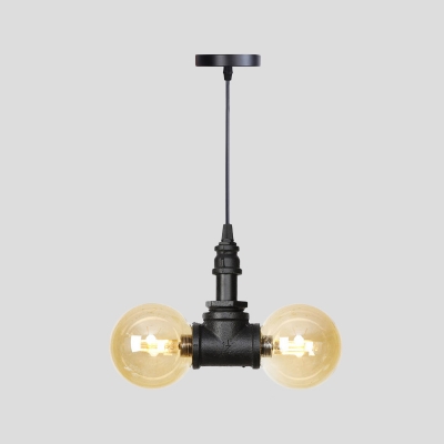 Black Finish 2 Heads Chandelier Light Vintage Amber Glass Sphere/Capsule LED Hanging Pendant Lamp