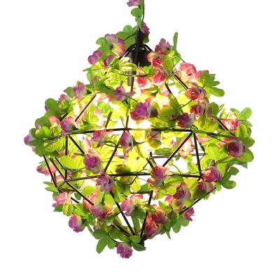 Black Geometric Cage Drop Pendant Antique Iron 1 Light Restaurant Flower Suspension Lighting
