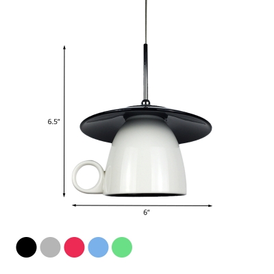 Black/Red/Blue Coffee-Cup Down Lighting Macaron 1-Light Ceramics LED Hanging Ceiling Lamp for Restaurant