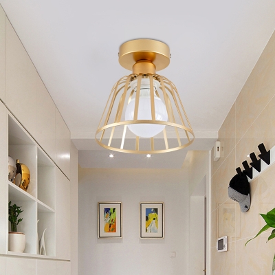 Bowl Cage Semi Flush Mount Lighting Modern Iron 1 Head Corridor Ceiling Lamp Fixture in Black/Gold