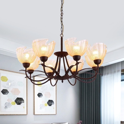 Bowl Yellow Rippled Glass Chandelier Rustic 8 Lights Living Room Pendant Light in Black with Curved Arm