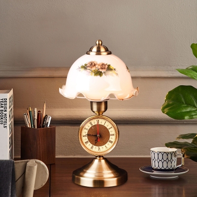 Brass 1-Head Night Light Countryside Printed White Glass Flower Table Lamp with Clock