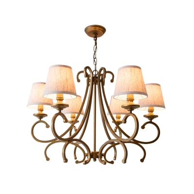 Brass Conical Ceiling Chandelier Farmhouse Beige Fabric 3/6 Heads Dining Room Pendant with Twisted Arm