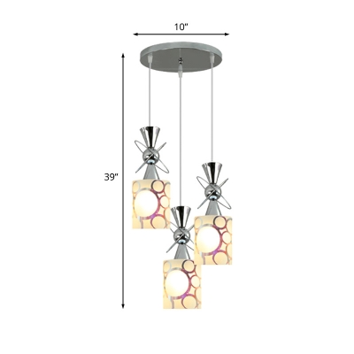 Chrome Hourglass Cluster Pendant Modernism 3-Head Metal Suspension Light with Cylinder Opal Glass Shade, Round/Linear Canopy