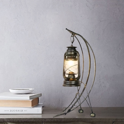 Clear Glass Lantern Desk Light Farmhouse 1 Head Bedroom Table Lamp in Brass with Arc Arm
