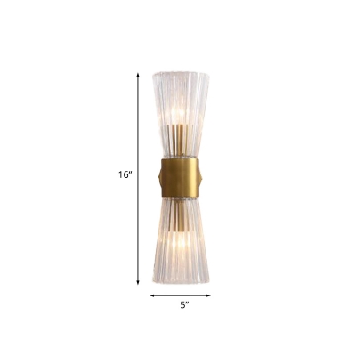 Clear Ribbed Glass Cone Wall Light Post-Modern 2 Heads Sconce with Brass Arm for Bedside