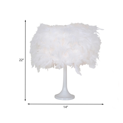Contemporary 1-Light Night Table Light White Feather Desk Lamp with Fabric Shade for Living Room