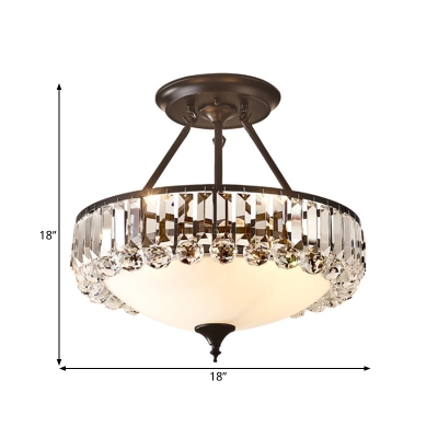 Cream Glass Brass Semi Flush Bowl 4-Light Contemporary Ceiling Flush with Crystal Accent