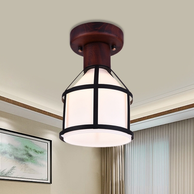Cream Glass Brown Flush Ceiling Light Tapered 1 Light Traditional Flushmount Lighting with Cage