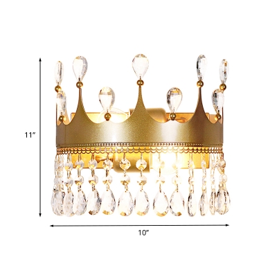Crown Shaped Metal LED Sconce Lighting Cartoon 2 Heads Gold Finish Wall Lamp Fixture with Crystal Drop Deco