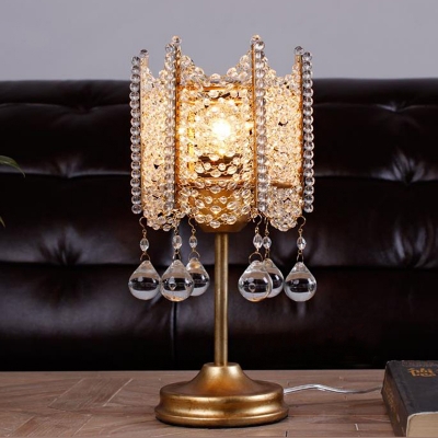 Crystal Beaded Silver/Gold Night Light Hexagonal 1 Head Vintage Table Lighting with Dangling Drips