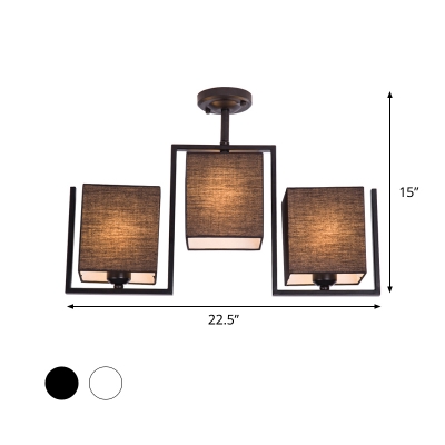 Cuboid Semi Flush Lighting Modern Fabric 3 Lights White/Black Finish Close to Ceiling Lamp