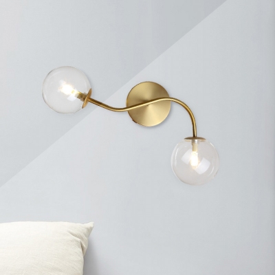 Curving Living Room Sconce Lamp Metallic 2 Heads Postmodern Wall Light in Gold with Orb Clear/Tan Glass Shade