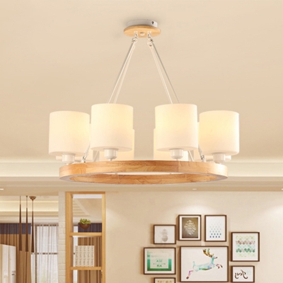 Cylinder Chandelier Pendant Light Modern White Glass 4/6/8-Light Wood Ring Hanging Ceiling Lamp